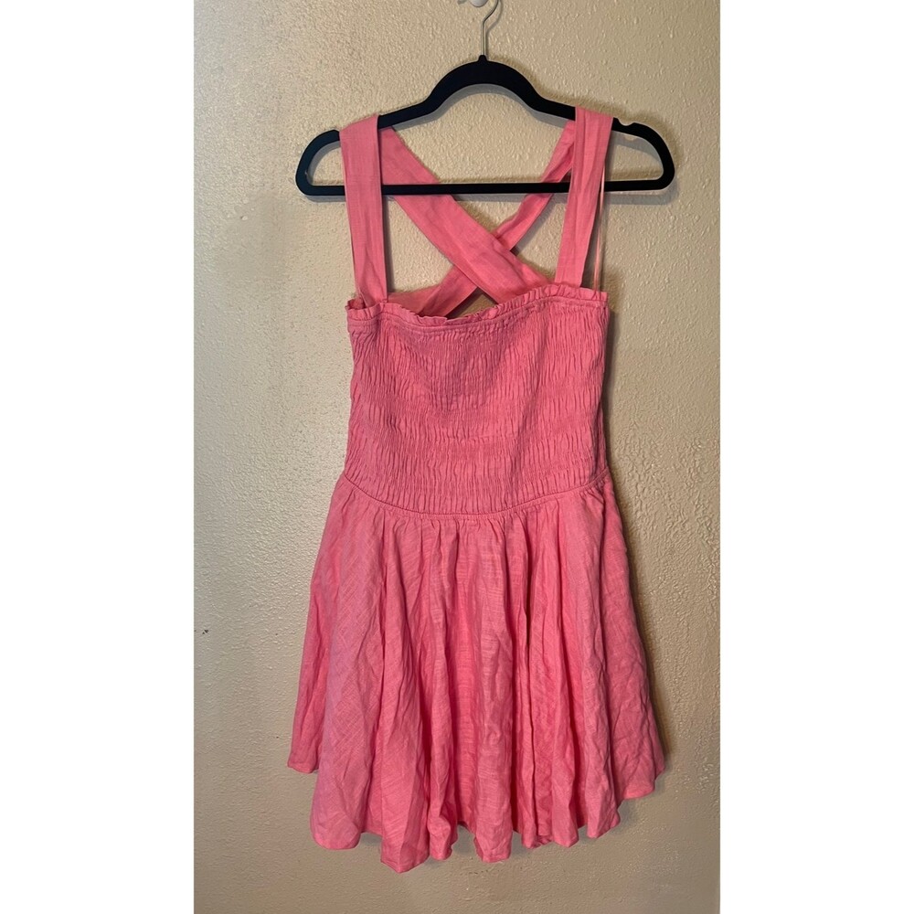 VICI Kollyn Linen Blend Smocked Mini Dress With Pockets In Pink Size XL